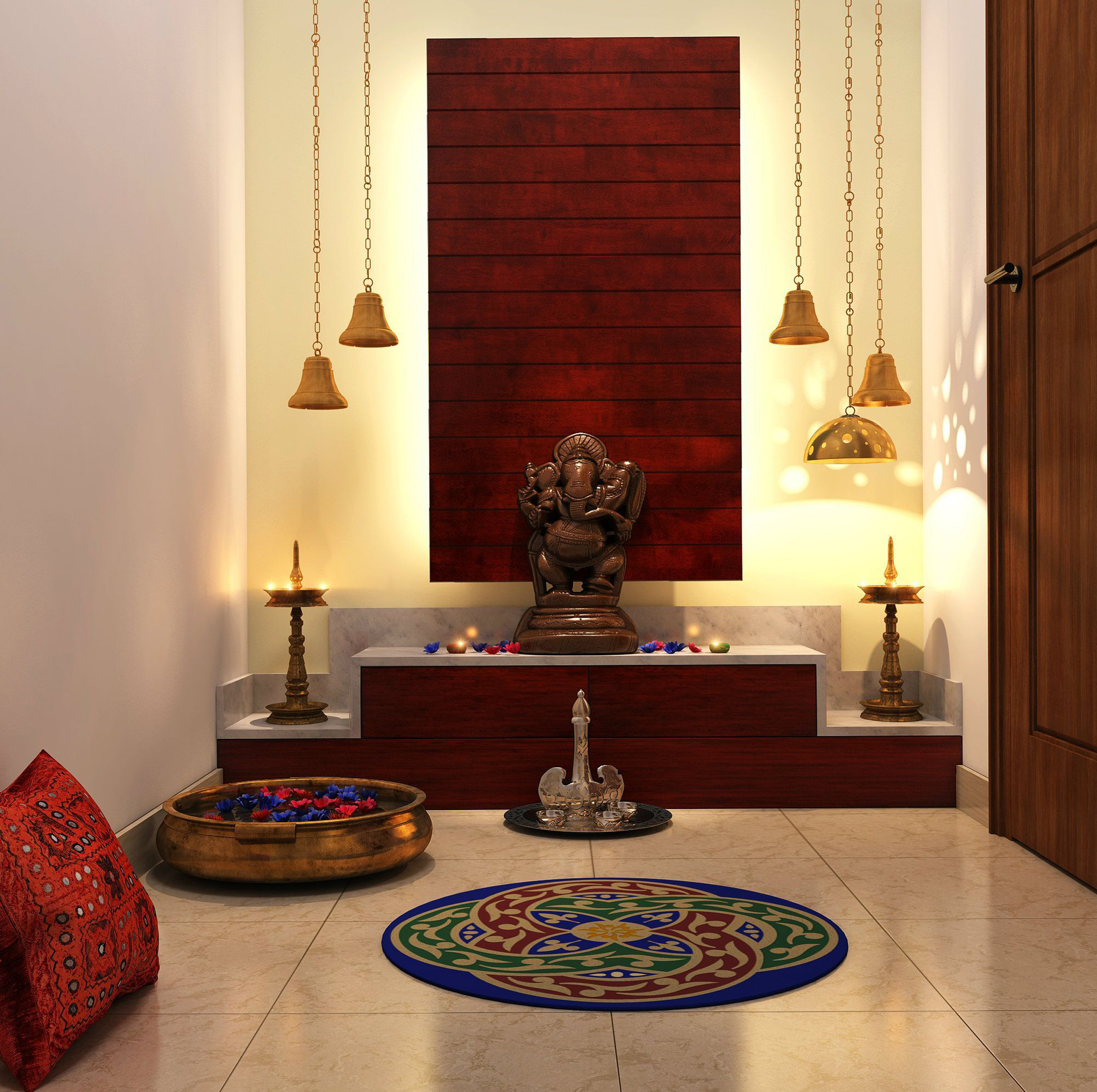 Васту дизайн. Индийский стиль в интерьере. Алтарная комната в доме. Домашний алтарь в индийском стиле. Алтарь в современном интерьере.